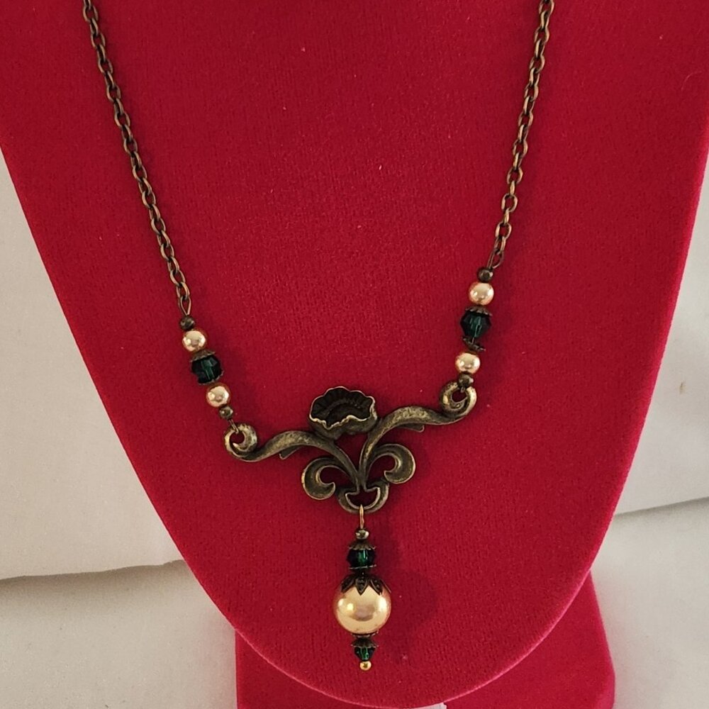 THREE FOR $20 Delicate necklace & earring set green gold beads old gold NIP